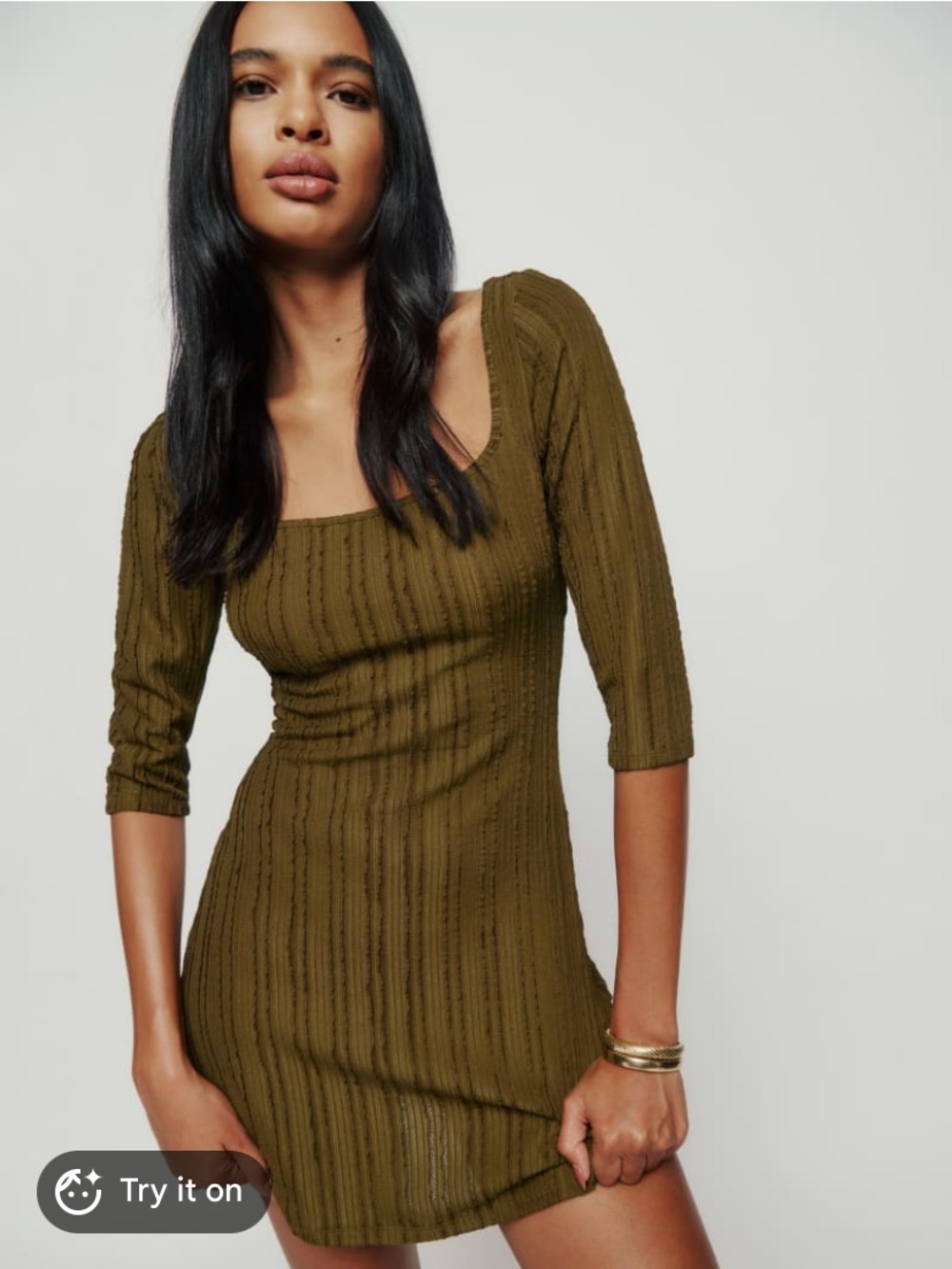 Reformation Olive Green Ribbed Square-Neck Mini Dress
